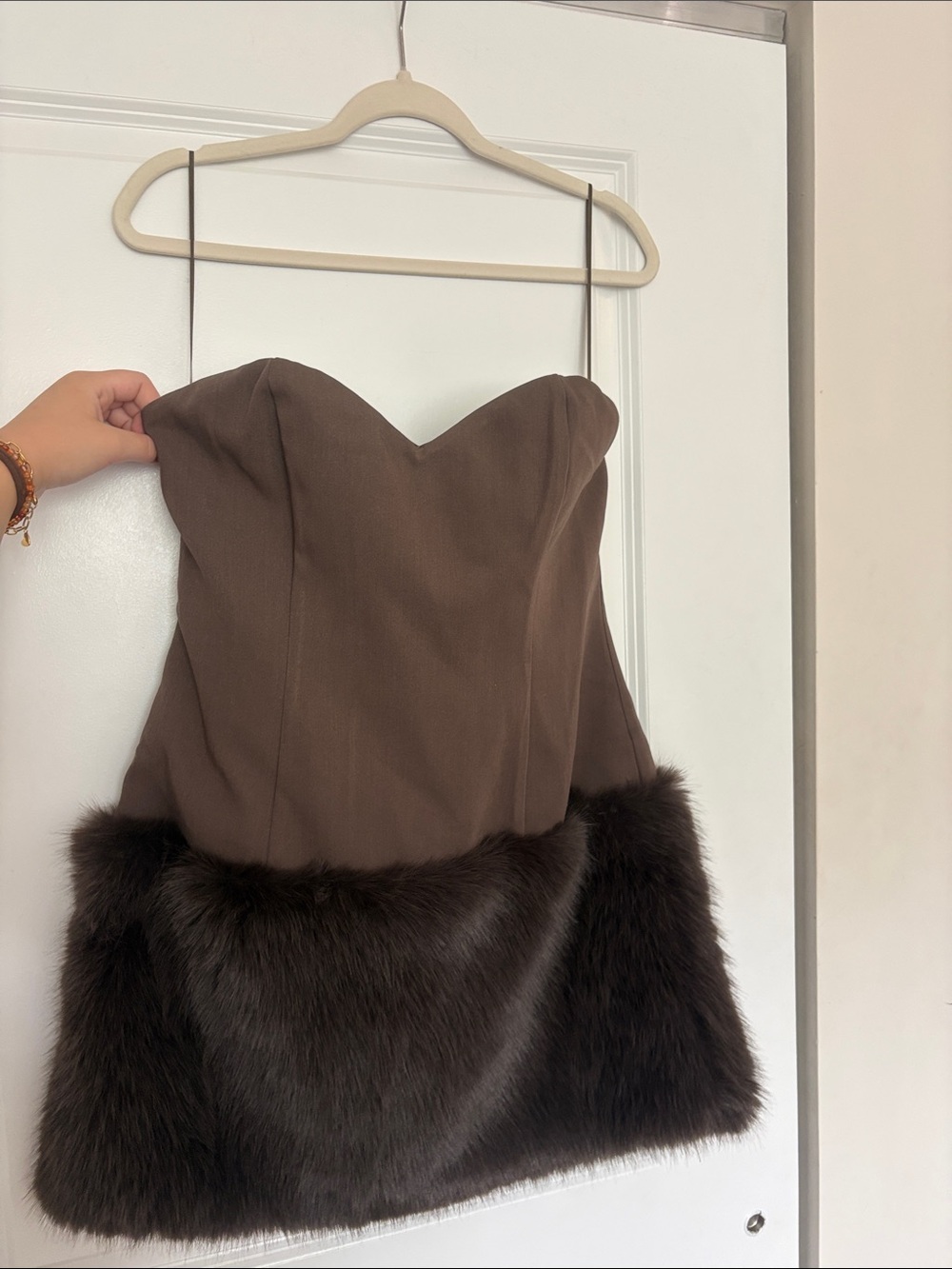 Anthropologie Strapless Sweetheart Dress in Dark Brown with Faux Fur Hem